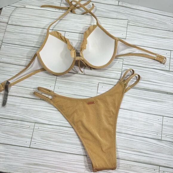 VICTORIA’S SECRET GOLD SHIMMER RUFFLE TRIM HALTER BIKINI TOP & BOTTOM‎ SET 32B/S - Picture 3 of 9